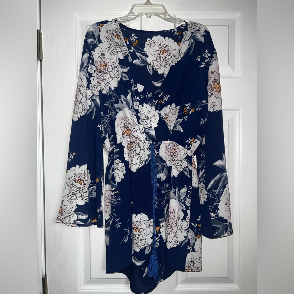 Navy Floral Romper with White Peony Print